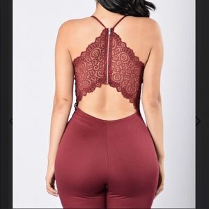 Burgundy lace jumpsuit